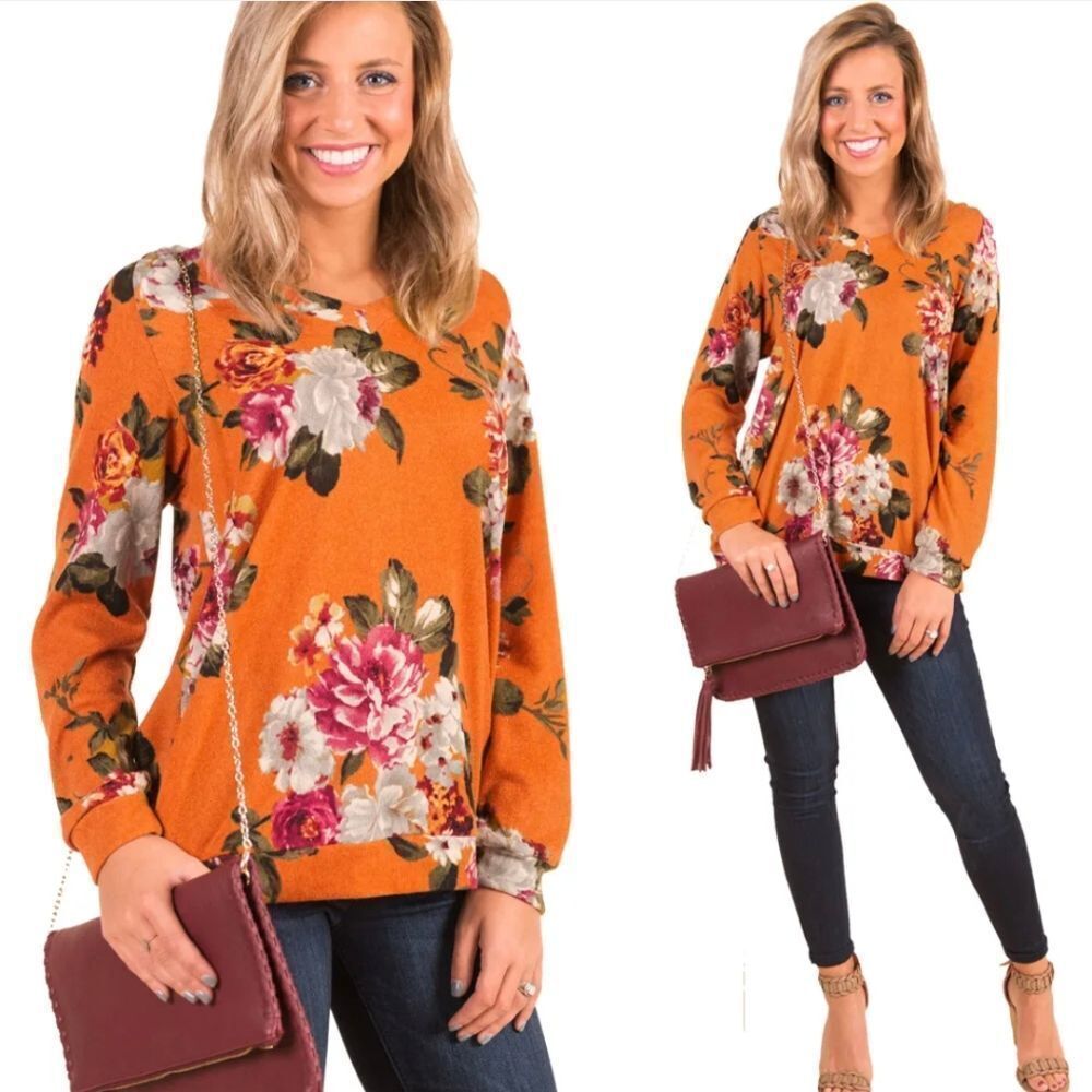 Women's Casual Boho Floral Printed Tops Long Sleeve T Shirt Blouses Tunic Tops